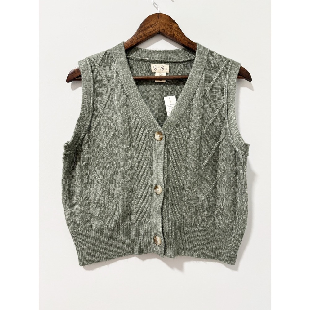 Jessica Simpson Sage Green Cable Knit Button Front Sweater Vest NWT Size Medium